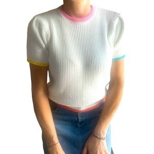 Color Contrast Trim Pullover sweater. Puff sleeves, Crew neck Size M